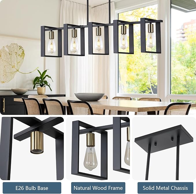9MMML 41.5" Mid Century Dining Room Chandelier, Black and Gold Wood Pendant Light, Height Adjustable 5 Lights Fixtures for Kitchen Island Hallway Pool Table