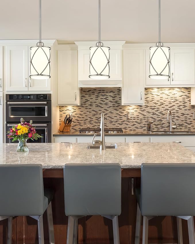 Brushed Nickel Pendant Lights Kitchen Island 3 Pack, Milk Glass Kitchen Pendant Lighting Over Island with Rods, Modern Mini Hanging Light for Sink Dining Room, CH9176BNW-3PK