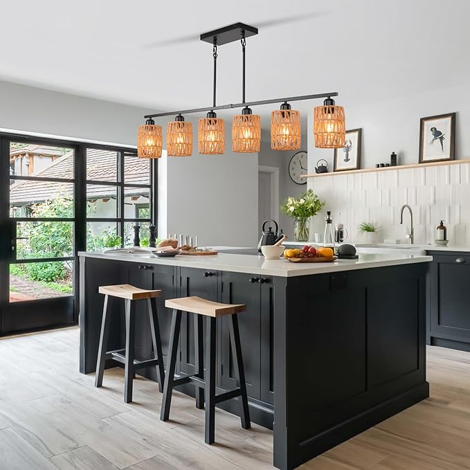 Rattan Pendant Lights for Kitchen Island,6-Light Boho Coastal Chandelier,Bohemian Rustic Pendant Light Fixture for Dining Room,Height Adjustable,Matte Black Farmhouse Woven Hanging Lights Over Table