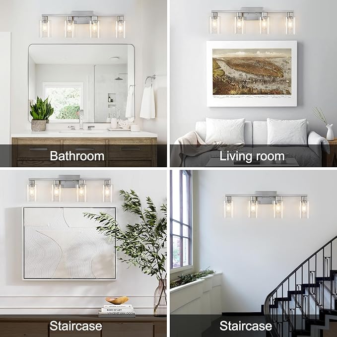 4 Light Bathroom Light Fixtures, Brushed Nickel Bathroom Vanity Light with Clear Glass Shade, Bathroom Lighting Fixtures Over Mirror, Vanity Lights for Bathroom Mirror