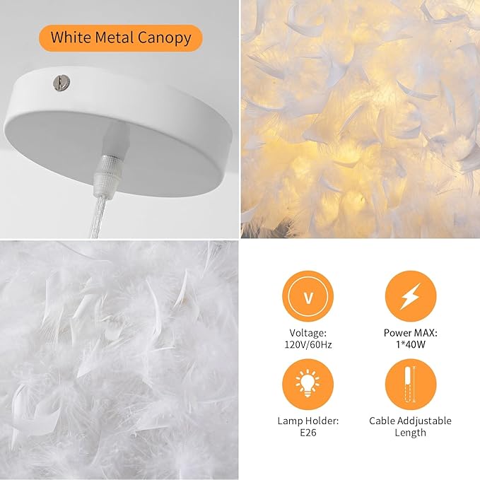 NZV White Feather Pendant Light for Bedroom 15.8in Modern Feathers Chandelier Light Fixture for Girls Room Romantic White Hanging Ceiling Lighting for Dining Room Kitchen Island Foyer Hallway