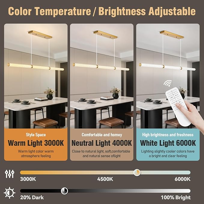 59" LED Linear Pendant Light, Dimmable Kitchen Island Light with Remote Control, Modern Linear Chandelier for Dining Room and Kitchen, Adjustable Height, 3000K–6500K