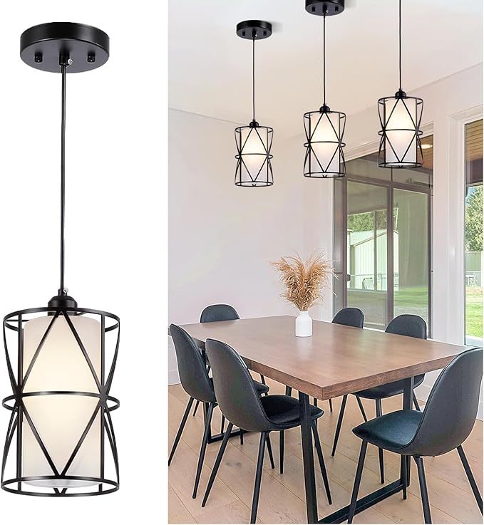5.4"×7.9" Pendant Lights - Matte Black Kitchen Island Lights, Modern Cylindrical Pendant Light Fixtures with Frosted Glass, Foyer Lighting