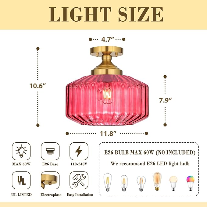 11.8in Semi Flush Mount Ceiling Light Fixture, Vintage Striated Glass Kitchen Lighting Fixtures Ceiling Mount for Entryway Hallway Bedroom Dining Room Bathroom Foyer Laundry (Purple)