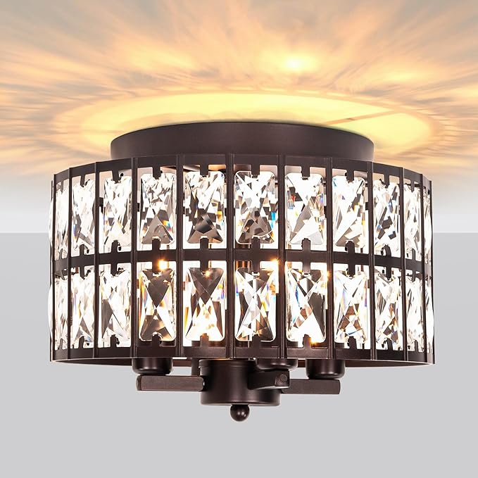 Oil Rubbed Bronze Flush Mount Ceiling Light Fixture, 4-Light Crystal Ceiling Light for Bathroom Bedroom Hallway Kitchen Light Fixtures Ceiling Mount