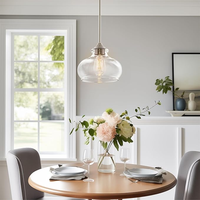 Kira Home Harlow 9" Modern Schoolhouse Pendant Light with Clear Glass Shade, Industrial Farmhouse Silver Hanging Light with Schoolhouse Glass, Brushed Nickel Finish