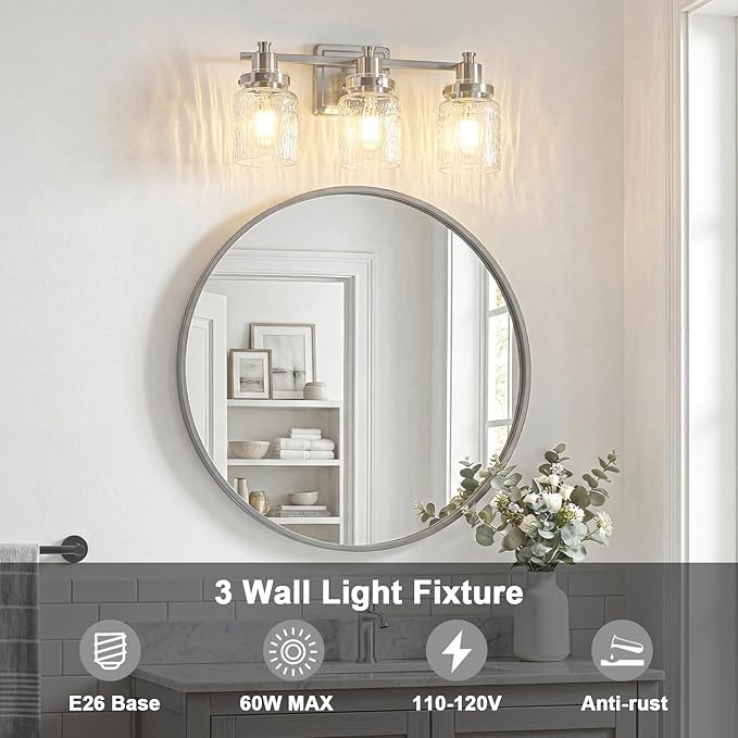 3 Lights Bathroom Light Fixtures Farmhouse Brushed Nickel Vanity Lights for Bathroom Lighting Fixtures Over Mirror with Hammered Glass Lampshade for Cabinet Mirror Bedroom Hallway