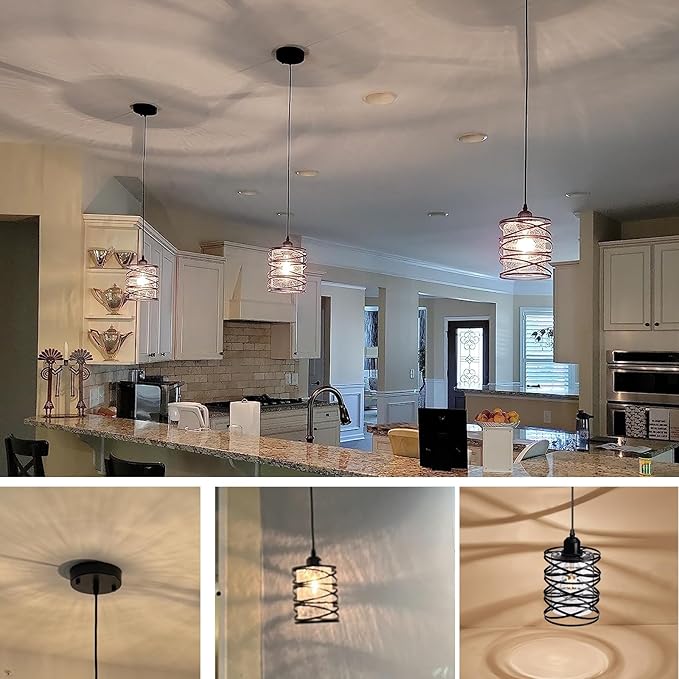 3 PACK Black Pendant Lights Kitchen Island, Small Kitchen Pendant Lighting Over Island, Modern Seeded Glass Hanging Light Fixtures, Single Ceiling Light for Kitchen, Dining Room, Bedroom, Foyer