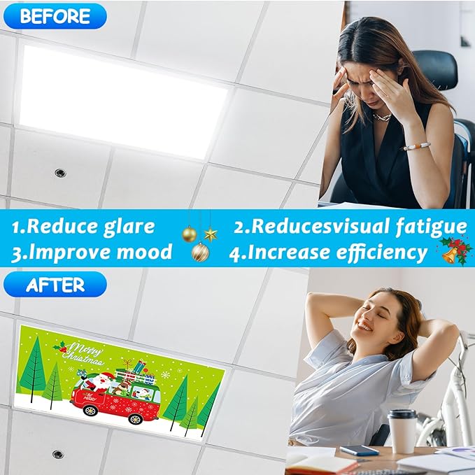 Wiooffen 8Pcs Christmas Fluorescent Light Covers with 80 Magnets Christmas Decoration for Classroom Ceiling Light 4 x 2 Feet Magnetic Lights Covers Filter for Office Hospitals Home Classroom Decor
