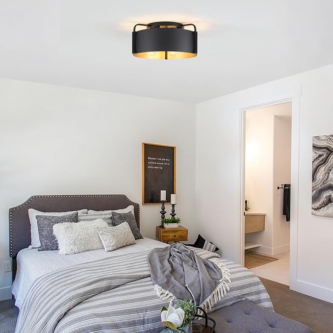 Flush Mount Ceiling Light, 4-Light Industrial Ceiling Light Fixture Matte Black with Gold Inside Kitchen Ceiling Lights for Living Room Kitchen Island Dining,E26 Base(Not Included Bulb)