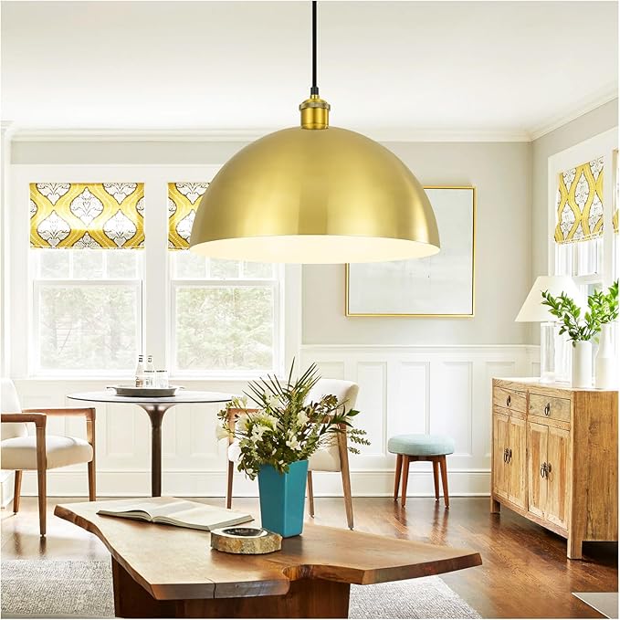 Gold Pendant Light, 12" Farmhouse Ceiling Light with Gold and White, Elegant Semi-Circular Shade Design, Adjustable Height Industrial Dome Pendant Lights for Kitchen Island, Dining Room