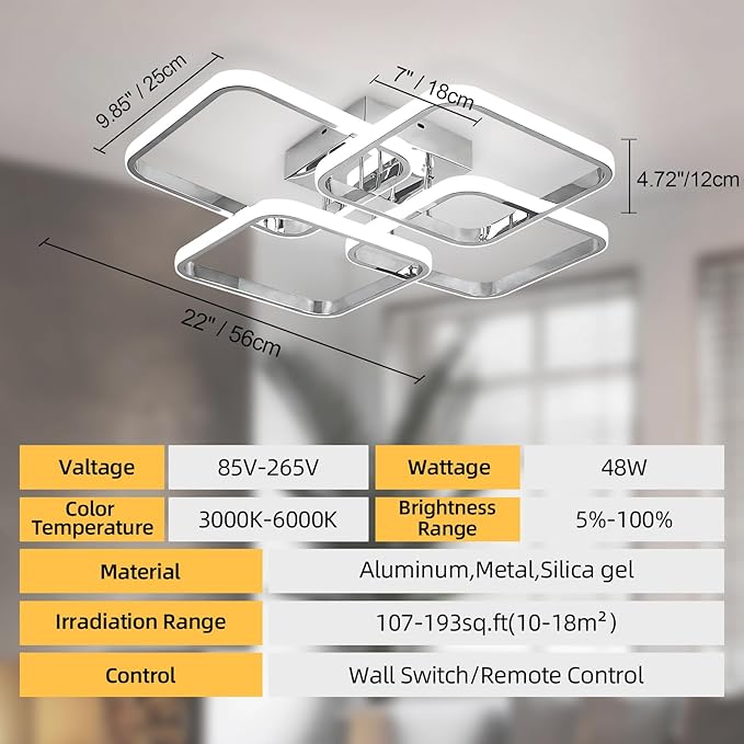 CANEOE Dimmable Modern Led Ceiling Light, 4 Rings Square Ceiling Lamp with Remote Control, 48W Chrome Acrylic Ceiling Lighting Fixture for Living Room Dining Room Kitchen Office Lamps
