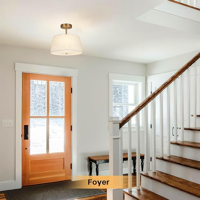 Cone-Shaped Semi Flush Mount Modern Ceiling Light Fixture, 3-Light Drum Lamp with Gold Brass Finish and Beige Fabric Shade for Bedroom, Kitchen, Dining Room, Hallway, Entryway, and Foyer