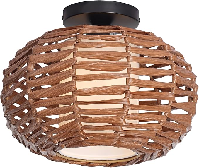 Boho Semi Flush Mount Ceiling Light, Rattan Style Hand Woven Shade, Farmhouse Ceiling Fixture for Bedroom, Kitchen, Hallway, Entryway