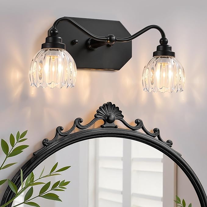 Vintage Bathroom Light Fixtures, 2 Light Bathroom Vanity Light, Black Matte Antique Brass Finish with Crystal Glass Shade, Mid Century Wall Sconces for Bedroom, Living Room, Hallway