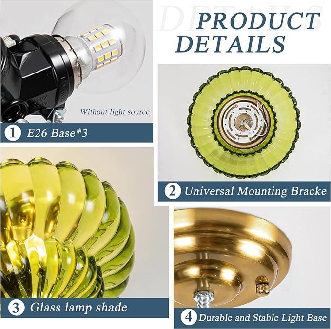 Semi Flush Mount Ceiling Light, Modern Gold Ceiling Light with Green Glass,3 Lights Close to Ceiling Light Fixtures for Bedroom, Dining Room, Kitchen, Living Room, Entryway, Hallway