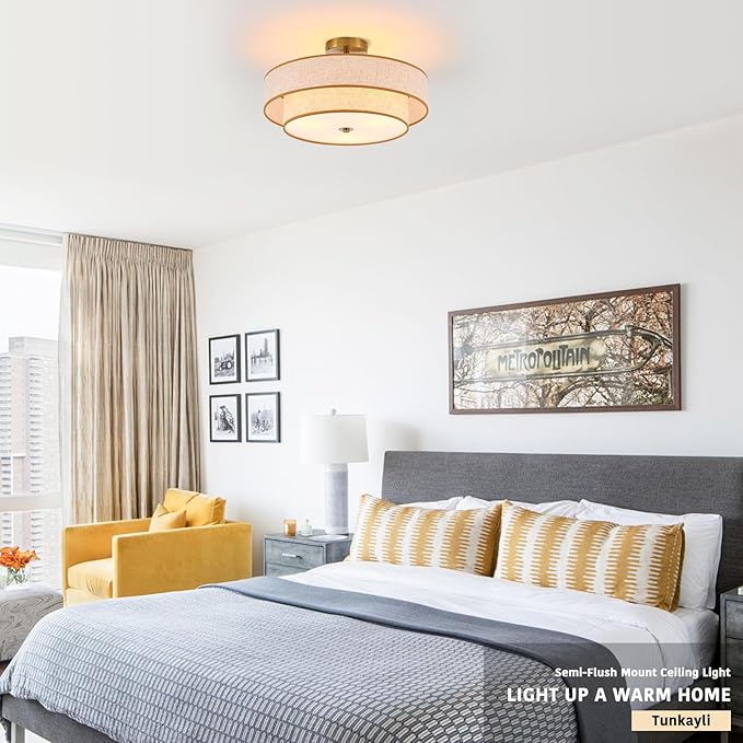 3-Light Drum Semi Flush Mount Ceiling Light, 18" Modern Gold Ceiling Lighting Fixture, Vintage 2-Tier Linen Ceiling Lighting for Living Room, Bedroom, Kitchen, Dining Room, Hallway, Entryway