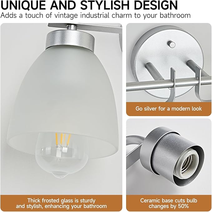 28 Inch Mid-Century Modern Vanity Lights, 4-Light Silver Bathroom Light Fixture with Frosted White Bell Shades, Industrial Wall Sconce for Mirror Over Vanity, Bedroom, Hallway
