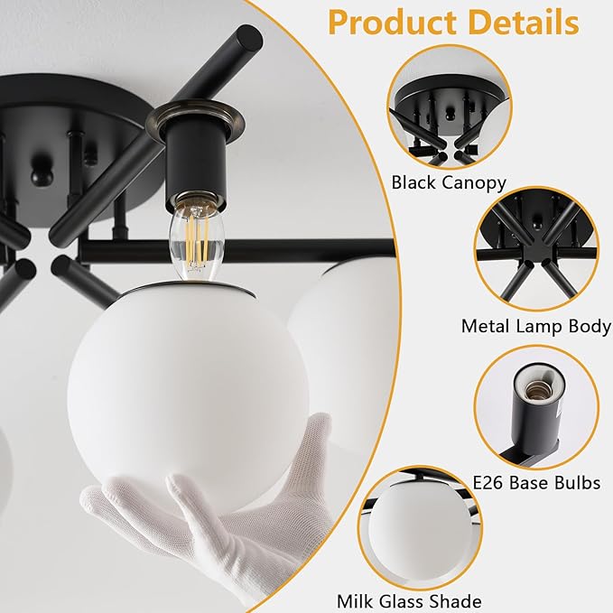 6-Light Sputnik Ceiling Light Fixture, Semi Flush Mount Ceiling Light with Milk Glass Globes, Black Mid Century Modern Chandelier for Living Room Bedroom Dining Room Hallway