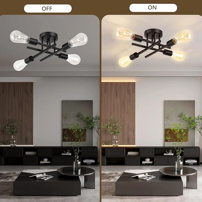 Ceiling Light, Dining Room Light Fixture with E26 Base, Semi Flush Mount Ceiling Light Fixture, Kitchen Lighting Fixtures Ceiling, 4-Light Matte Black Chandelier for Bedroom