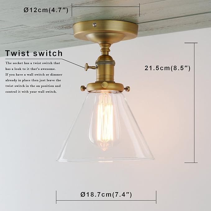 PERMO Modern Small Semi Flush Mount Ceiling Pendant Light Glass Ceiling Lights Hallway Fixtures with Funnel Glass Lampshade, 1-Light (Antique)