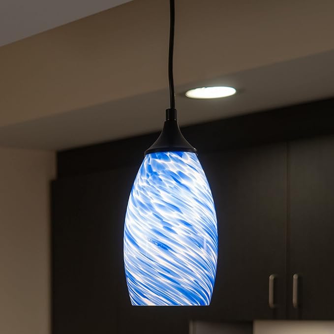 VAXCEL Milano Matte Black Mini Pendant Ceiling Light with Blue Swirl Art Glass