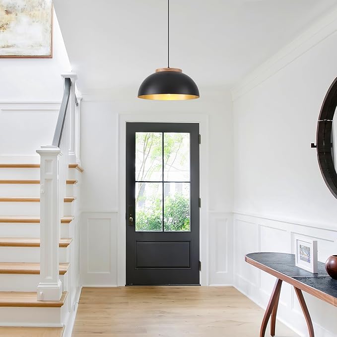 Large Pendant Lights, 16" Black Pendant Light for Kitchen Island, Farmhouse Pendant Light Fixtures for Dining Room, Living Room, Bedroom, Bar, Vintage Pendant Lamp with Wooden Holder, 2 Pack