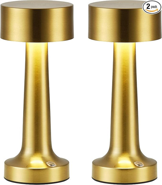 PUSU LED Cordless Small Table Lamps Set of 2, Gold Portable Rechargeable 4000mAh Battery Operated Desk Lamp, 3 Color Stepless Dimming Touch Light for Bedroom, Bedside, Dining Table, Bar, Kids Reading