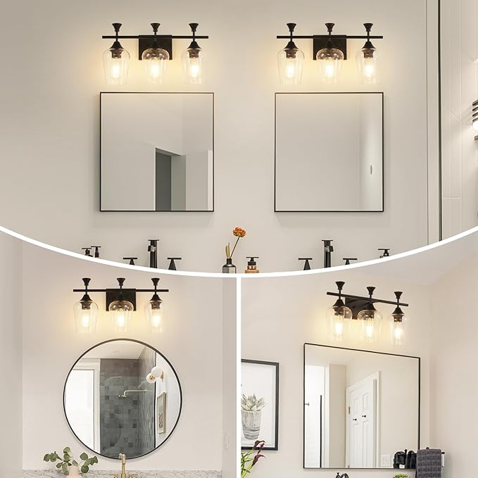 Bathroom Light Fixtures (3-Light, 19 Inch), Matte Black Vanity Lights for Bathroom with Clear Wine Glass Glass Shade, Modern Vanity Wall Lights for Mirror Bedroom Living Room Kitchen Hallway Porch