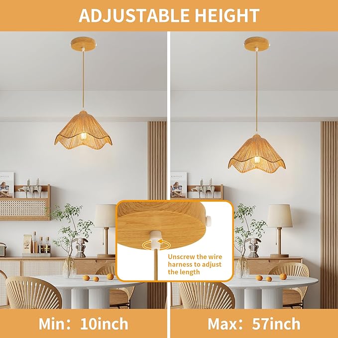 2 Pack 12.4" Wave Rattan Chandelier Pendant Lights Kitchen Island,Farmhouse Boho Chandeliers Adjustable Height Hanging lamp for Dining Room,Kitchen Ceiling Light Fixtures Woven Wicker Lampshade