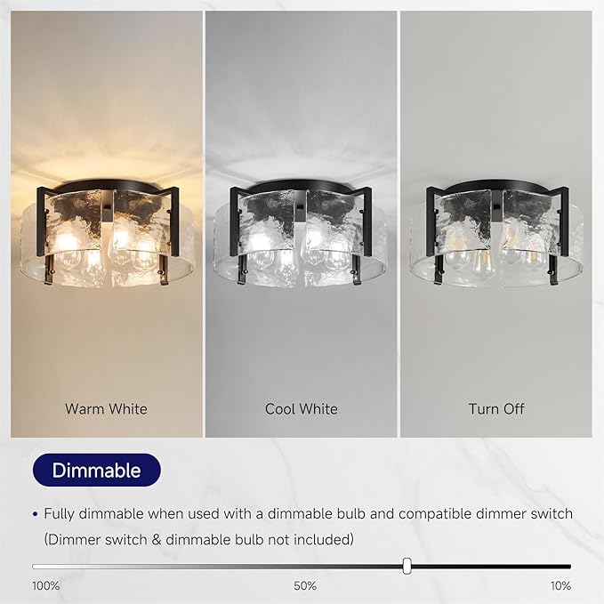 Semi Flush Mount Ceiling Light: 4 Light Drum Matte Black Ceiling Lights - Mid Century Modern Kitchen Lighting Fixtures - Vintage Hammered Glass Fixture for Entryway Farmhouse Bedroom Hallway Foyer