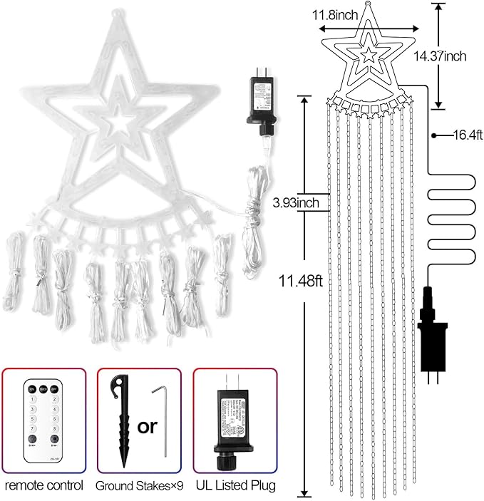 Christmas Decorations Star Lights Outdoor, 11.48ft 350 LED Waterfall Tree Lights with 8 Modes Timer Remote Plug in Christmas String Lights for Indoor Yard Patio Home Holiday Party Decor, Multicolor