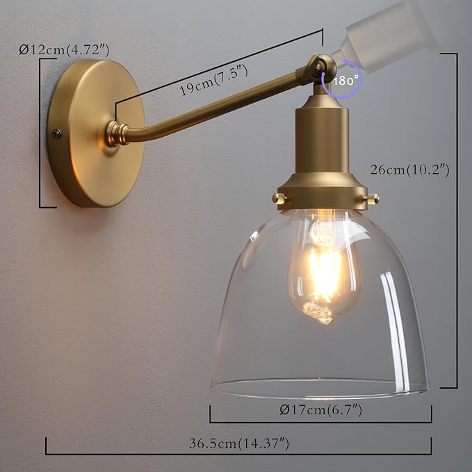 PERMO Industrial Vintage Slope Pole Wall Mount Single Sconce with 6.7" Oval Dome Clear Glass Shade Antique Gold Wall Sconce Light Fixture