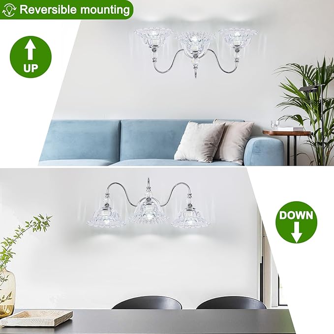 Chrome Bathroom Vanity Light Fixtures 3 Lights Vanity Lights for Bathroom with Floral Crystal Glass Shade Modern Wall Sconce Light for Mirror(Exclude E26 Bulb)