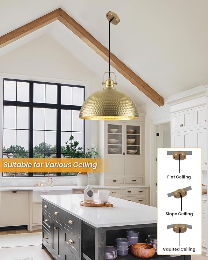 1 Pack Gold Pendant Light 16 inch, Hammered Large Dome Pendant Light, Industrial Farmhouse Pendant Lights Kitchen Island, Gold Island Pendant Lights for Kitchen, Dining Room Living Room
