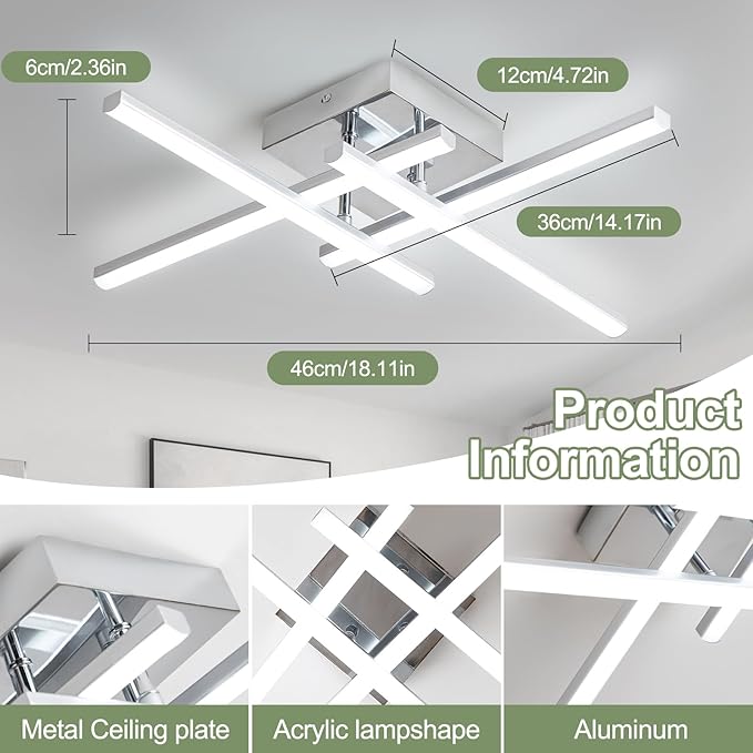ElDISUNY Modem LED Ceiling Light, 24w Sputnik Ceiling Light Fixture, 6500K Cool White Flush Mount Ceiling Light Fixture for Bedroom Hallway Living Room Dining Room Coridor Kitchen(Sllver)