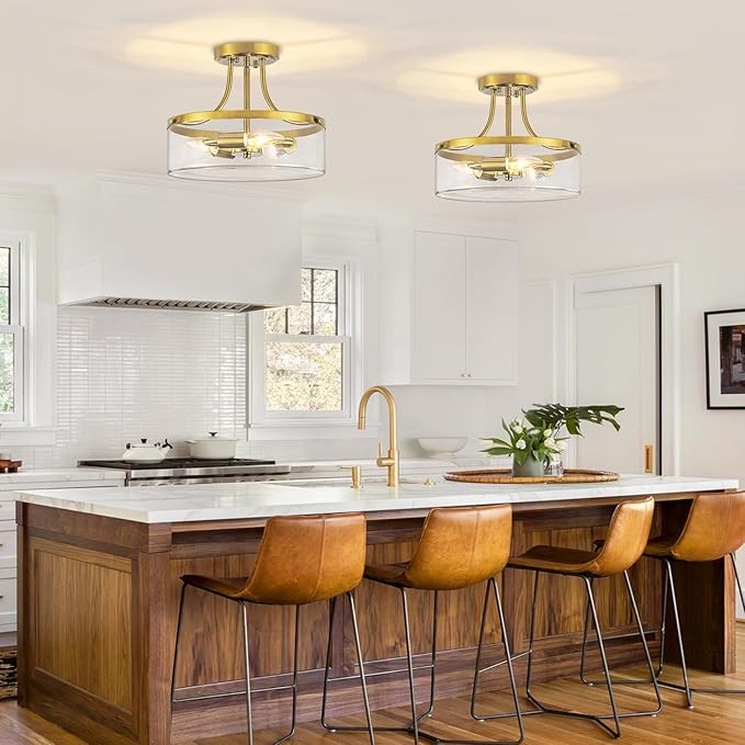 Brushed Gold Semi Flush Mount Ceiling Light, 11.81" Kitchen Lighting Fixtures Ceiling with Glass Shade, 3-Light Modern Hallway Light Fixtures for Entryway Bedroom Bathroom Foyer Laundry Dining Room