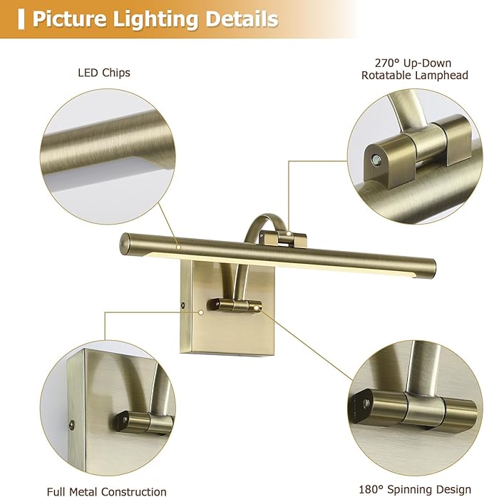 DESOOP Picture Lights for Wall Hard-Wired Antique Bronze Picture Lighting Dimmable Art Light LED Gallery Lighting for Wall Portrait Artwork 15.75 inch 7W 2700K