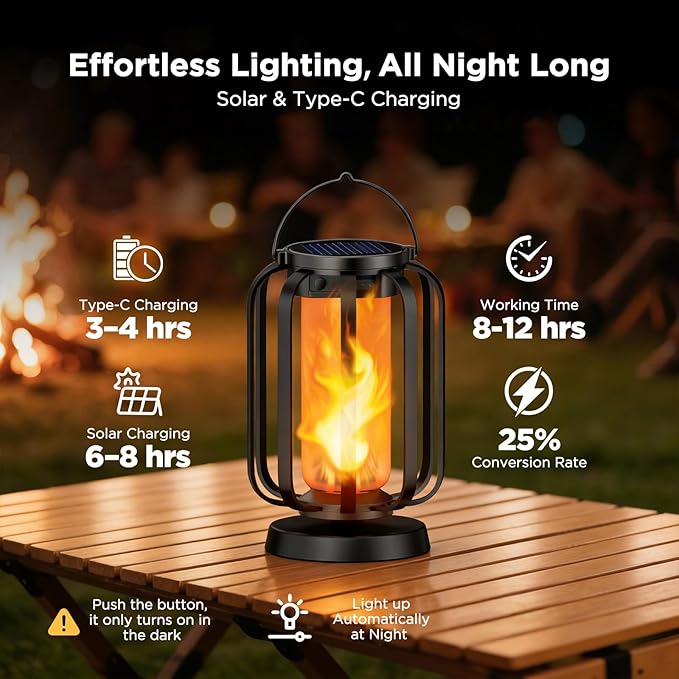 Hompavo Gen2 Solar Lanterns Outdoor Lights with Ultra-Real Flame, 2 Charging (USB/Solar) & 4 Modes - Waterproof Decorative Hanging/Table Lights for Pathway Yard Patio Garden Decor Gifts for Women, 4