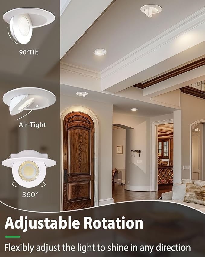 zouzai 6 inch 5CCT Gimbal Led Recessed Lights, 360°+90° Adjustable Directional Recessed Lighting, 2700K/3000K/3500K/4000K/5000K Dimmable Retrofit Eyeball Can Lights with Jbox, ETL(White, 1 Pack)