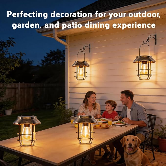 Ahaorigin Solar Lanterns Outdoor Waterproof, High Brightness Hanging Solar Lights for Outside with Wall Hooks, Retro Metal Outdoor Lanterns Auto On/Off for Porch, Patio, Yard Decor 4 Pack