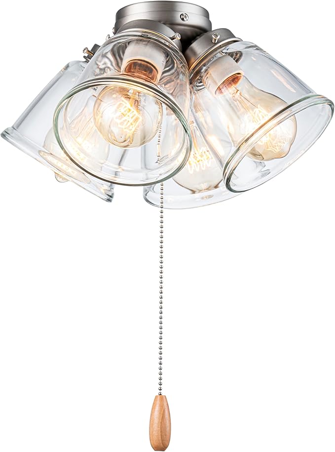 Aspen Creative 22016-1, Four-Light Ceiling Fan Light Kit with Pull Chain, Brushed Nickel Finish with Clear Glass Shades, 13-1/8" Diameter x 6-3/4" Height