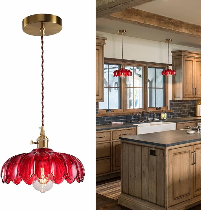 XZHGCEE Vintage Pendant Light Fixtures: Red Pendant Lights Kitchen Island, Glass Pendant Light, Modern Chandelier Pendant Red Light Fixture for Bedroom, Dining Room