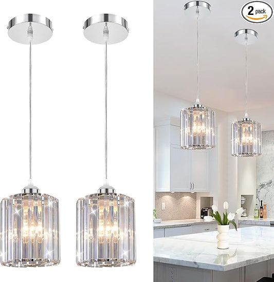 TISLYCO Crystal Pendant Lights - Kitchen Island Lighting, Mini Crystal Chandelier for Living Room, Dining Room, Hallway, Bar - 2 Pack - Silver