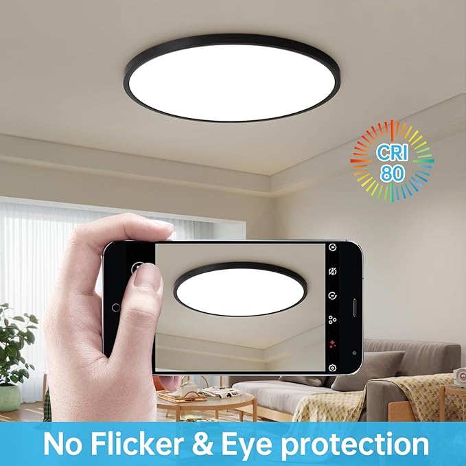 20 Inch Large LED Flush Mount Ceiling Light Fixture,45W,4600LM,3000K/4000K/6000K CCT Selectable,0.9 inch Super Slim Round Ceiling Light for Bedroom,Hallway,Kitchen (Dimmable Black 1PK)