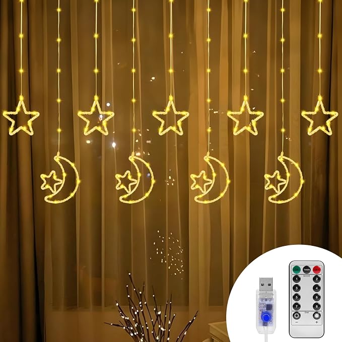 130 LED Star Moon Curtain Decorative Lights, Ramadan Window Curtain Fairy String Lights, Remote Control & USB Plug, 8 Lighting Modes, for Indoor, Home Holiday, Party, Ramadan Decorations