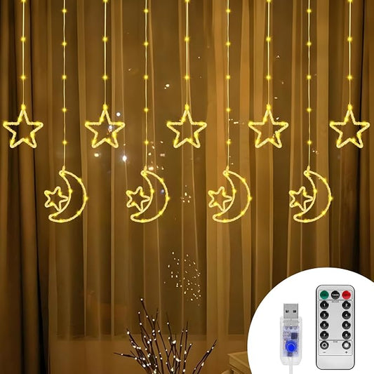 130 LED Star Moon Curtain Decorative Lights, Ramadan Window Curtain Fairy String Lights, Remote Control & USB Plug, 8 Lighting Modes, for Indoor, Home Holiday, Party, Ramadan Decorations