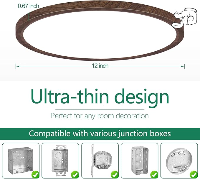 Brightever 2 Pack LED Flush Mount Ceiling Light, 12 Inch 24W, Super Slim 0.67 Inch 3200LM Ceiling Light Fixture Walnut Wood Color, Dimmable & 2700K-6500K 5 Color in One Ceiling Lamp for Farmhouse
