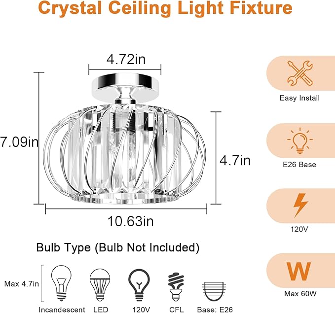 FRIDEKO HOME Crystal Ceiling Light Fixture - Small Crystal Chandelier Semi Flush Mount Ceiling Light Modern Hallway Lights fixtures for Entryway Bedroom Porch Kitchen (11 Inch, Bulb not Included)
