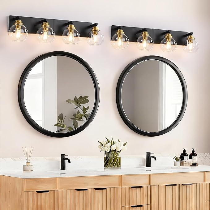 4-Light Bathroom Vanity Light Fixture Over Mirror, Bathroom Light Fixutre Matte Black & Gold Finish with Globle Clear Glass E26 Base Bulbs Not Included for Bathroom, Hallway, Bedroom, Living room